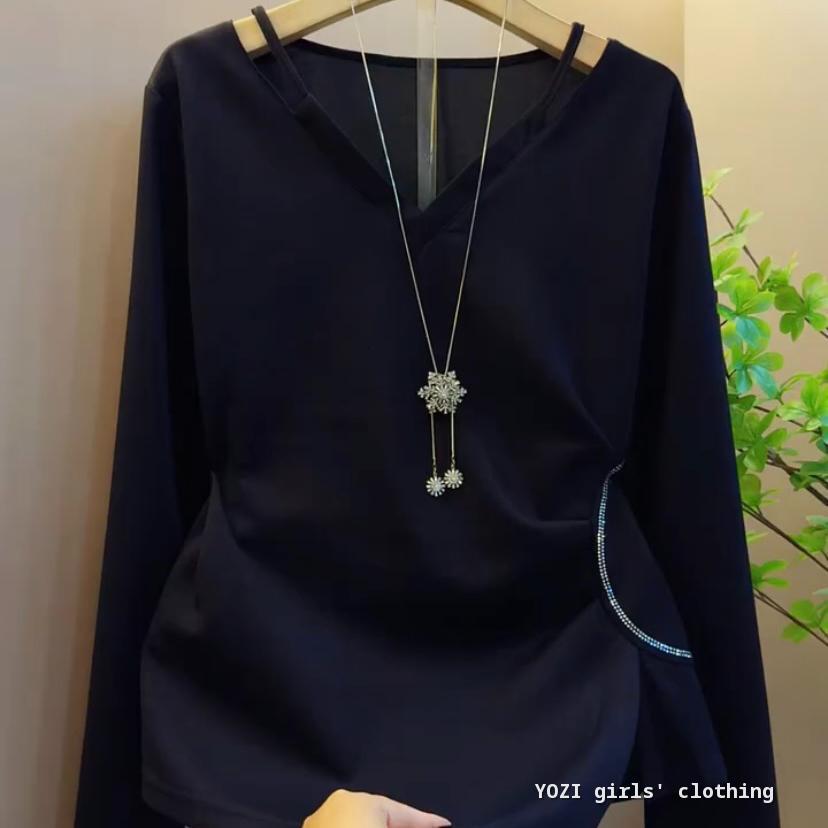 M-4XL ปลอมสองชิ้น V คอ Rhinestone Ruched Slim เสื้อยืดแขนยาว