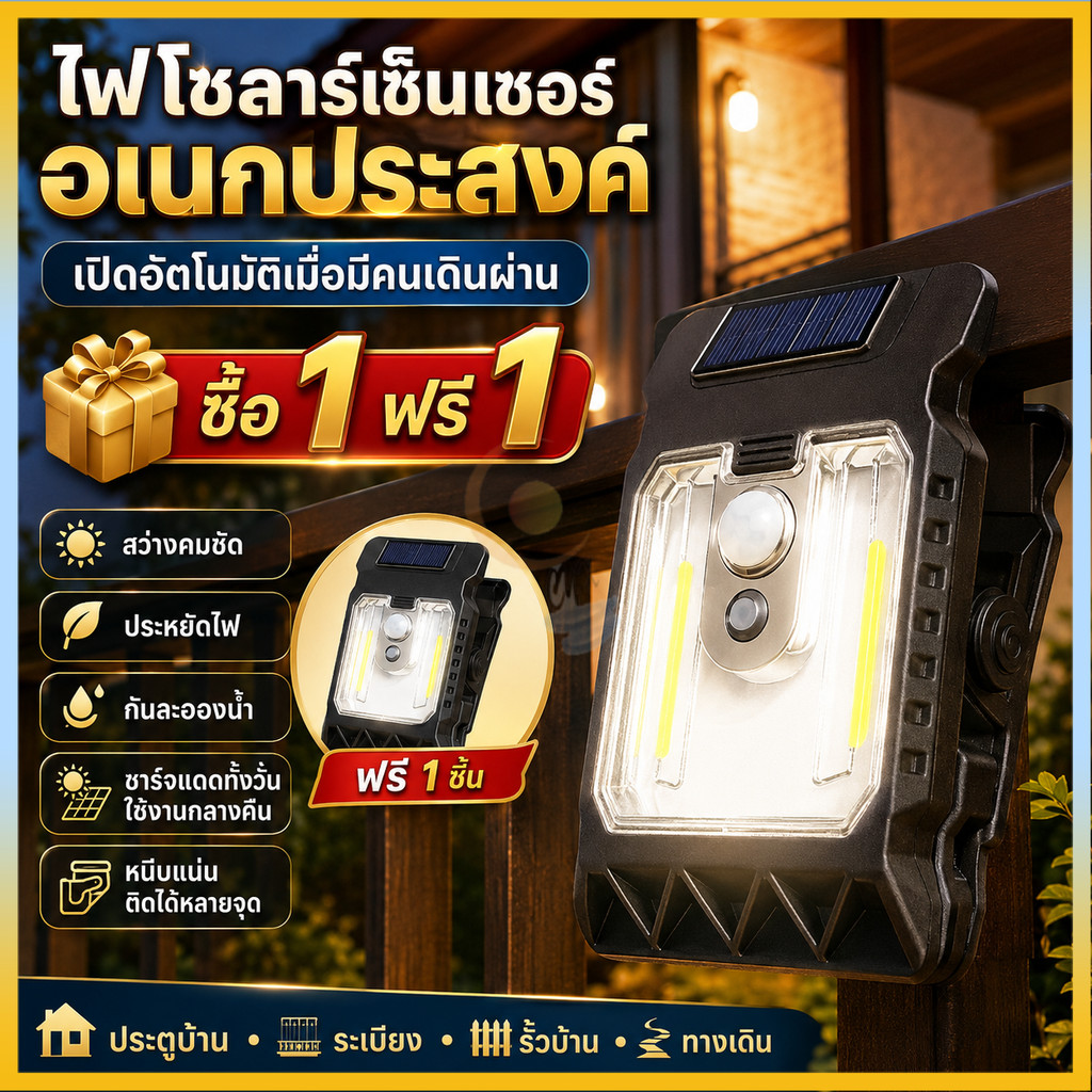 ไฟโซลาร์เซลล์แบบหนีบ ตรวจจับคนอัตโนมัติ กันน้ำ IP65 ประหยัดไฟ ติดริมทางเดิน สวนหน้าบ้าน นอกบ้าน เปิดปิดเองอัตโนมัติ