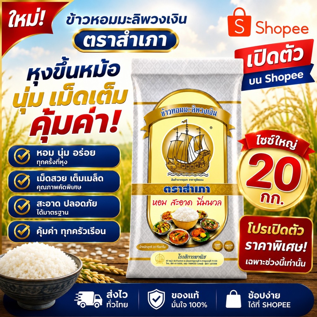 [ ถุงใหญ่ 20 Kg.] ข้าวหอมมะลิพวงเงิน ตราสำเภา ถุงใหญ่ คุ้มกว่า หอม นุ่ม อร่อย คุ้มค่า 20 KG ถุงใหญ่