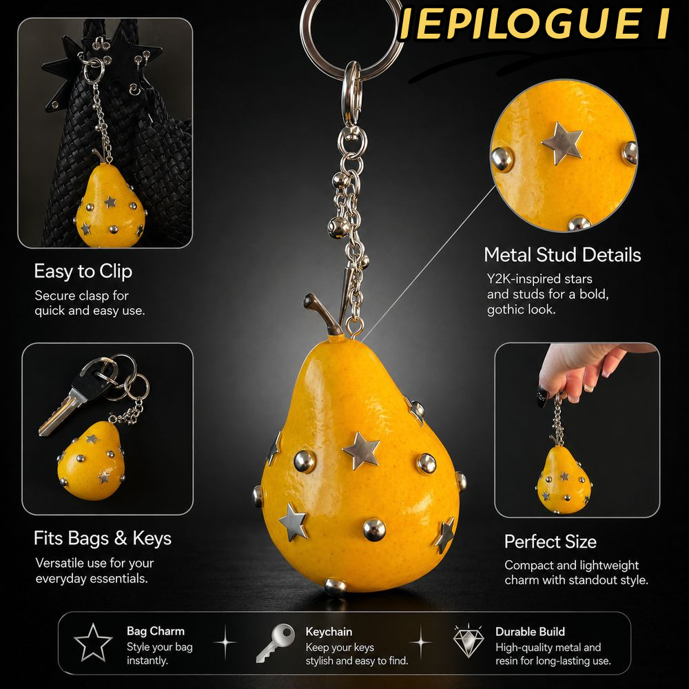 IEPILOGUE1 Fruit Bag Charm, Studded Accents Star Accents Fruit Keychain, Y2K Style Gothic Style Chai