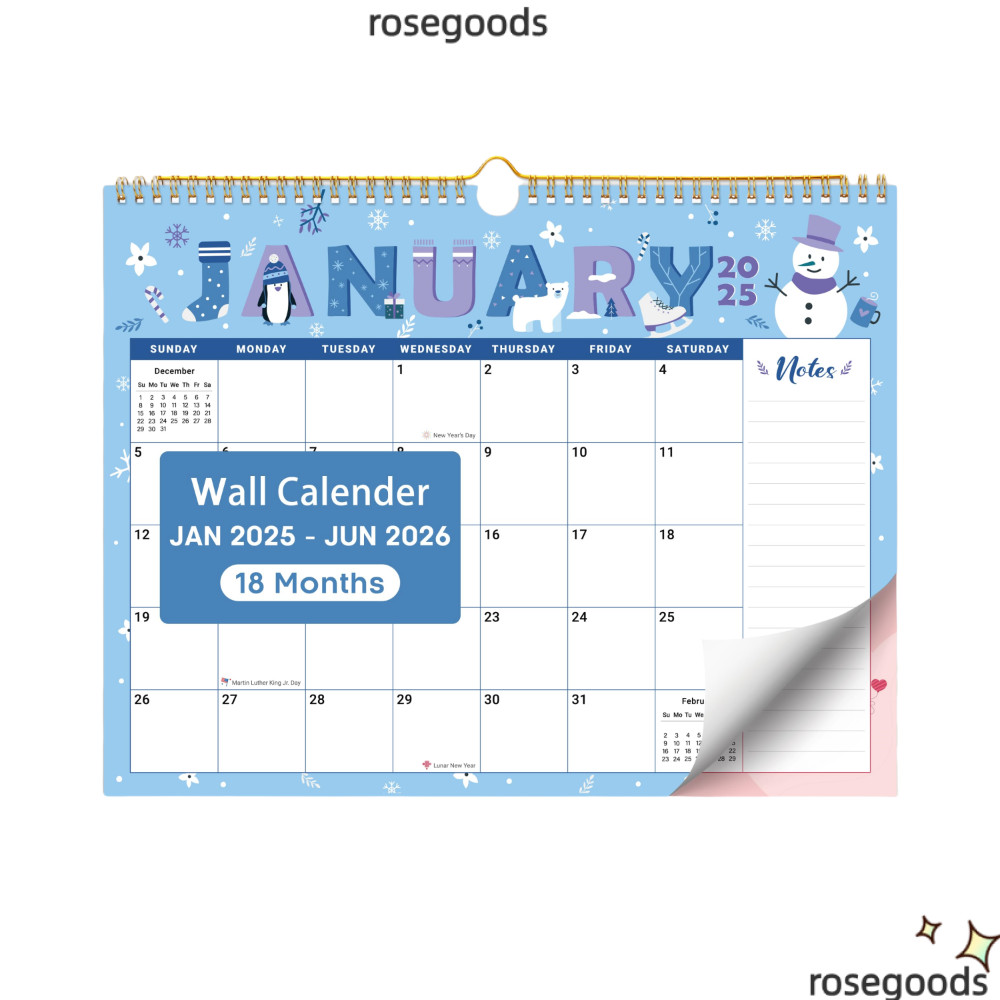 ROSEGOOD ปฏิทินแขวน 2025 ถึงมิถุนายน 2026 ปฏิทินผนังกระดาษหนาขนาดใหญ่ 18 รายเดือนน่ารัก Wall Planner