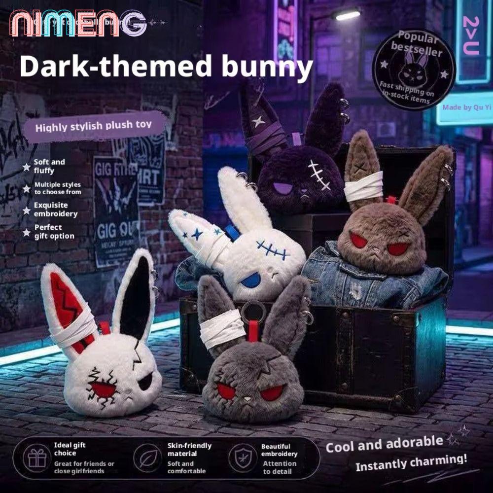 NIMENG Dark Bunny ตุ๊กตาตุ๊กตา,ปักออกแบบน่ารักพวงกุญแจตุ๊กตากระต่าย,ผิวน่ารักสไตล์โกธิคพวงกุญแจกระต่ายพกพาทุกวัน