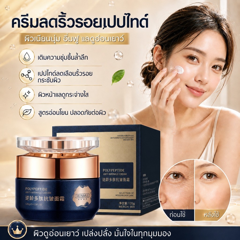 ครีมลดริ้วรอยเปปไทด์ ลดเลือนริ้วรอยร่องลึกและริ้วรอยแห้ง เติมน้ำบำรุงผิวหน้าให้กระจ่างใส กระชับผิวให้ดูอ่อนเยาว์ สารสกัดธรรมชาติ 3 ชนิด ออกแบบมาเพื่อผู้หญิงวัยทำงานที่มีผิวแห้งเสีย