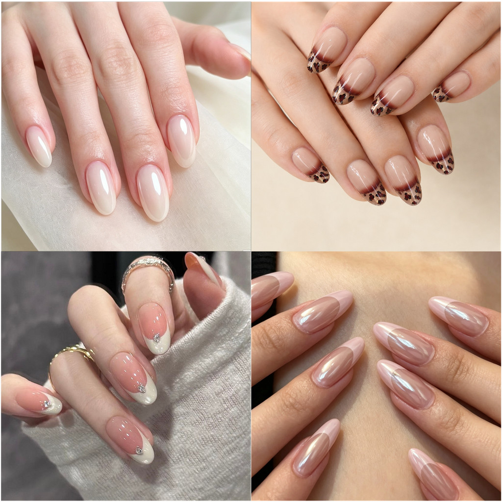 SOPHIAURA เล็บปลอมพร้อมกาวฟรีอัลมอนด์สั้นเล็บรูปไข่ Cat Eye Design สีขาว Nude Maroon เล็บน่ารัก