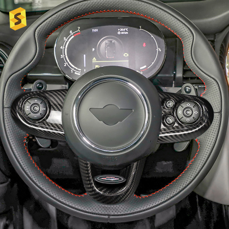 Premium-ES หรูหราคาร์บอนไฟเบอร์จริงพวงมาลัยปุ่มกรอบภายใน Trim สําหรับ MINI Clubman F54 F55 F56 F57 F