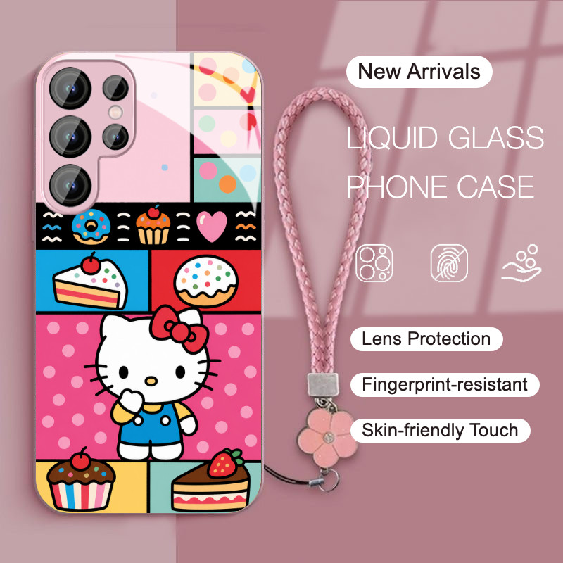 น่ารัก KT Cat ตารางขนมสําหรับ Samsung Galaxy S26Ultra เคสโทรศัพท์, S25 S24Ultra Liquid Glass กลับ, A