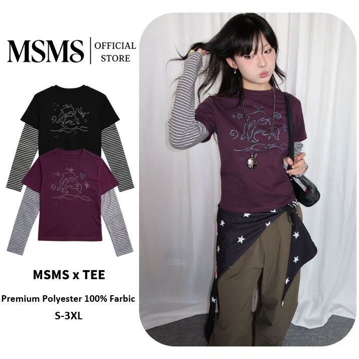 Rhinestone Dolphin Layered Tee เสื้อยืดแขนยาวปลอมชั้น ลายโลมาประดับคริสตัล สไตล์เกิร์ลกรังจี ทรงครอปสั้น มี2สี ดำ/ม่วง S-XL