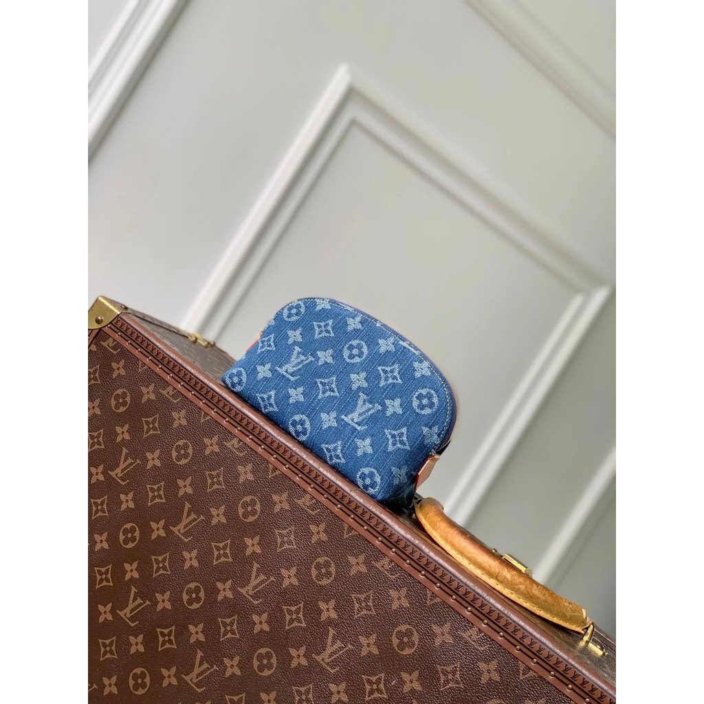 กระเป๋าลา POCHETTE COSMÉ TIQUE ยี่ห้อดอกไม้เก่าพิมพ์ Monogram ผ้ายีนส์กระเป๋าเครื่องสําอางขนาดเล็กหญ