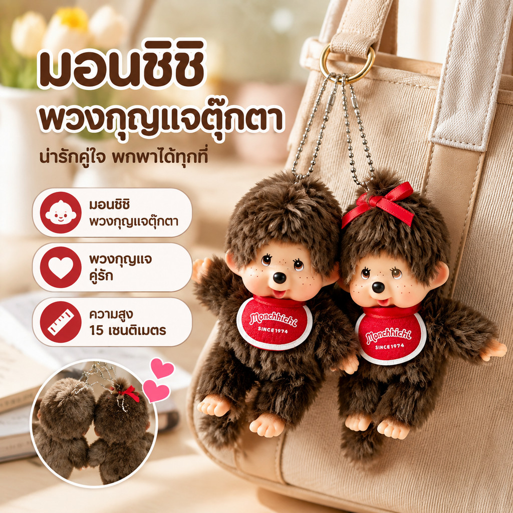 พวงกุญแจตุ๊กตา Monchhichi มอนชิชิ คู่รัก ขนาด 15 ซม. ตุ๊กตาขนสัตว์นุ่ม ของขวัญคู่รักของขวัญวันเกิด