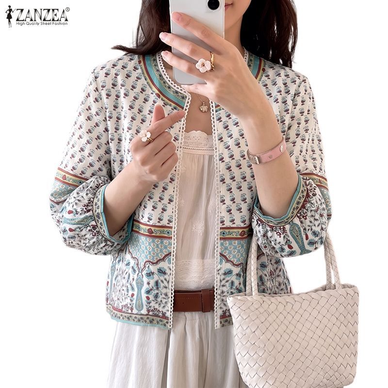 ZANZEA เสื้อผ้าผู้หญิง วันหยุดเกาหลี O คอพิมพ์ 3/4 แขนโคมไฟเสื้อสเวตเตอร์ถักลําลองรูปตัว H