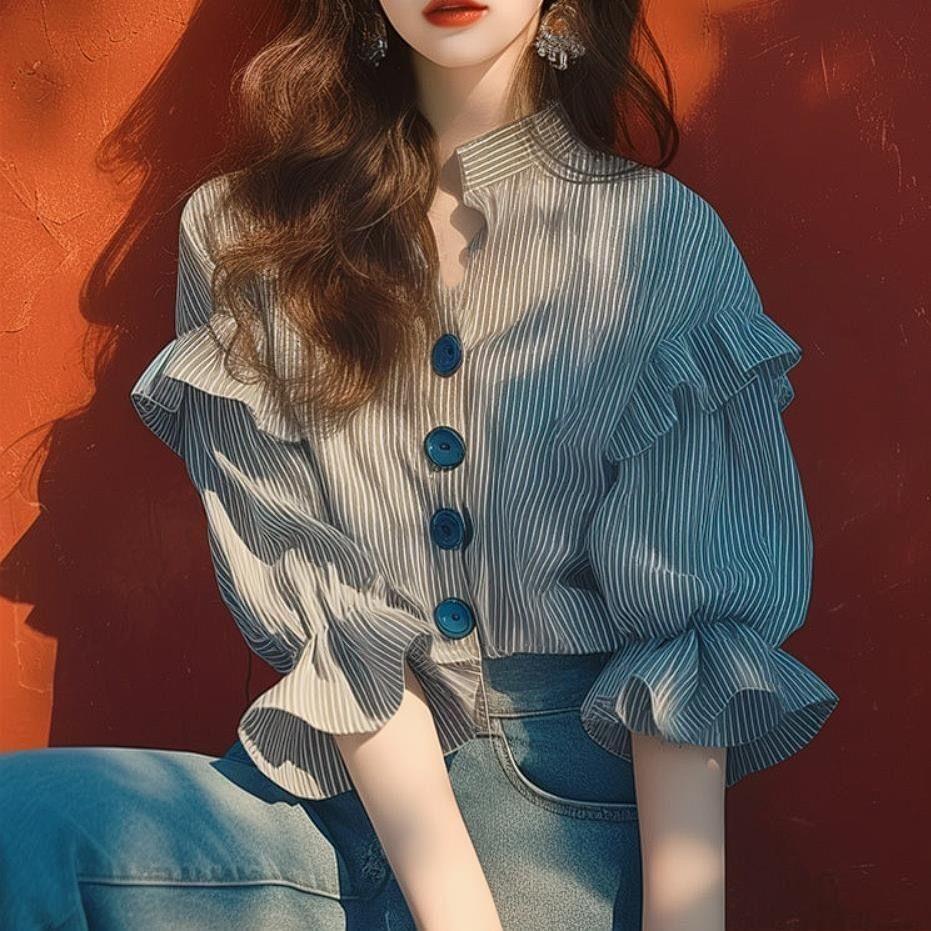 Top Striped Ruffled Shirt Womens Fashion Chic Top Striped Ruffled Shirt