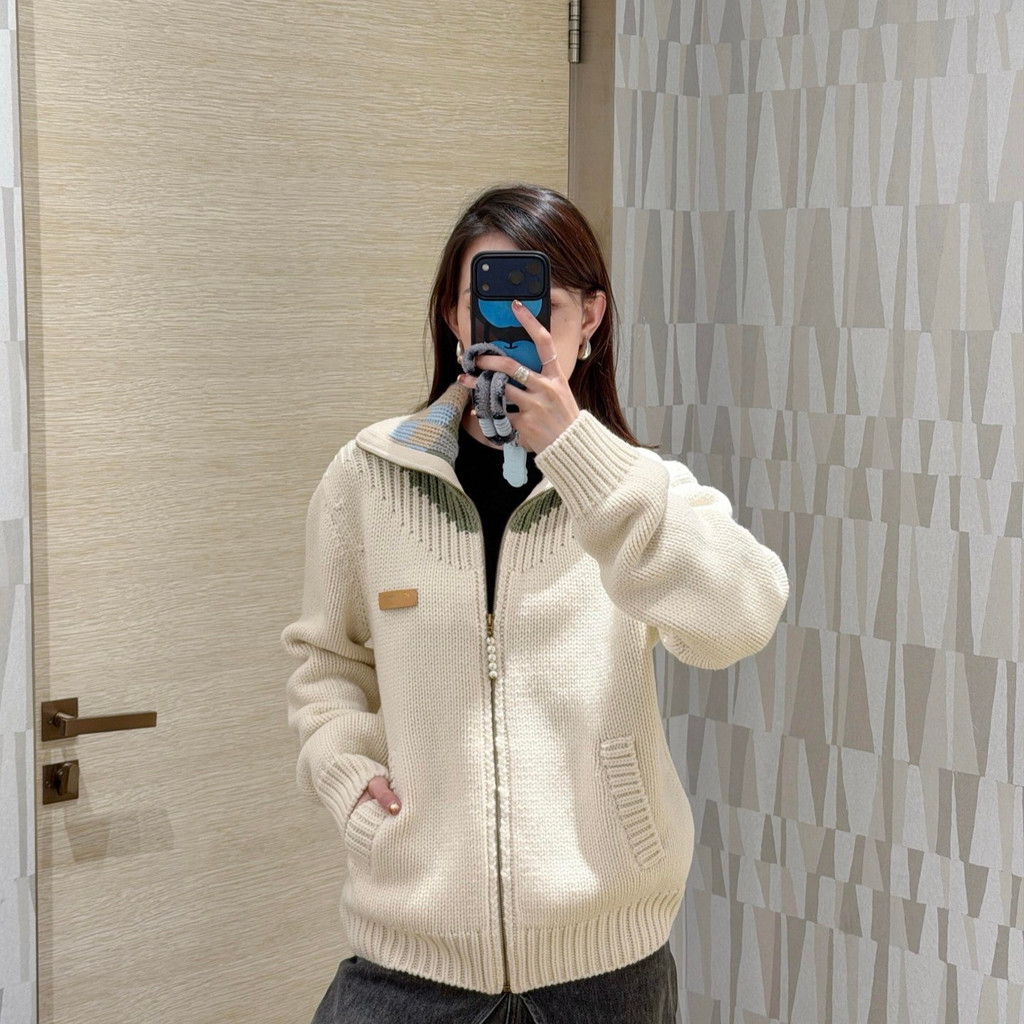 HTN6 Lsv * เสื้อแจ็คเก็ตซิปถักคอปกสีกรมท่าสีรุ้ง