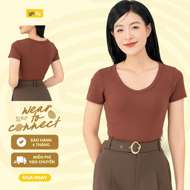 YODY เสื้อยืดผู้หญิงคอปกซี่โครงทรงสลิมฟิตขั้นพื้นฐานทําให้แบนยืดหยุ่นดี TSN7084