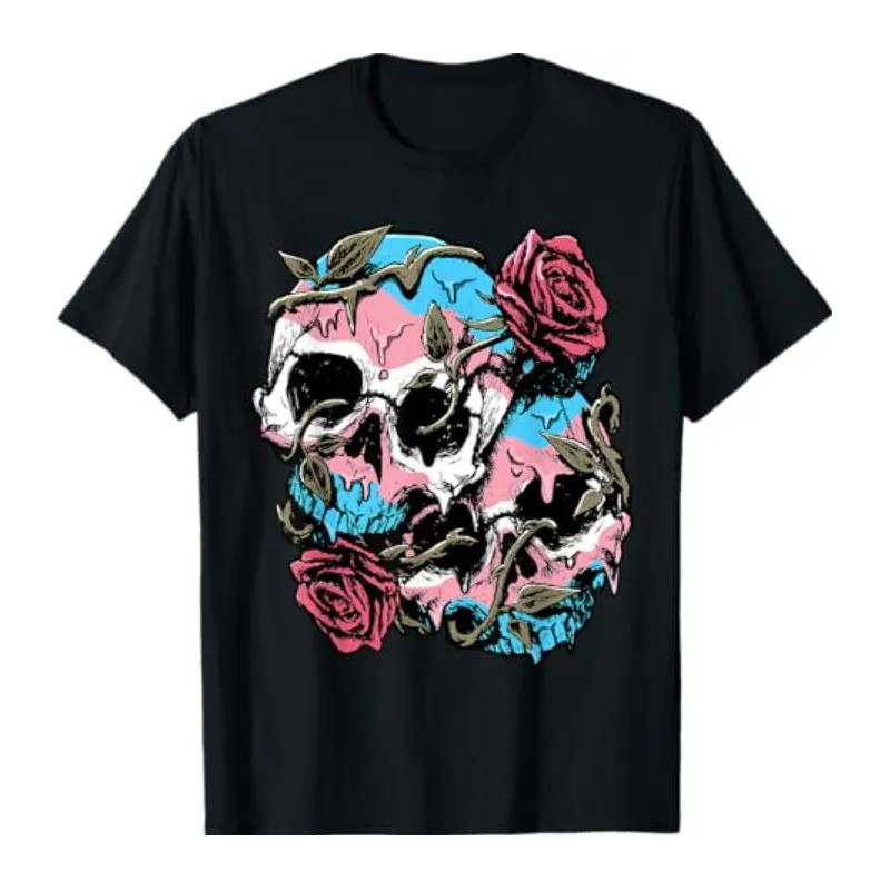 เสื้อยืด Trans Pride Flag Skull Subtle Roses