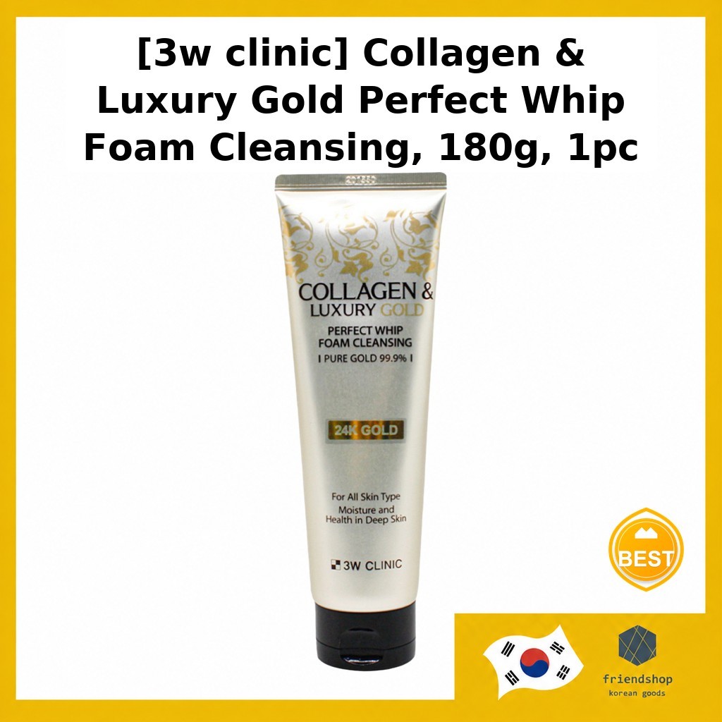 3W CLINIC [คลินิก 3w] Collagen & Luxury Gold Perfect Whip Foam Cleanser, 180g, 1 ชิ้น / Korean Foam 
