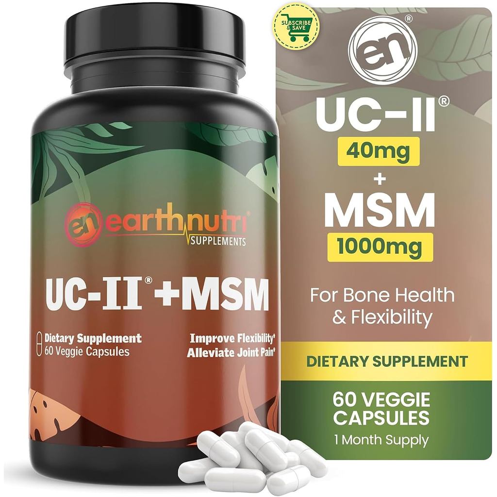 EarthNutri UC-II อาหารเสริมคอลลาเจนและ MSM เพื่อสุขภาพกระดูกและร่วมอาหารเสริมข้อต่อยืดหยุ่น-40mg UC-