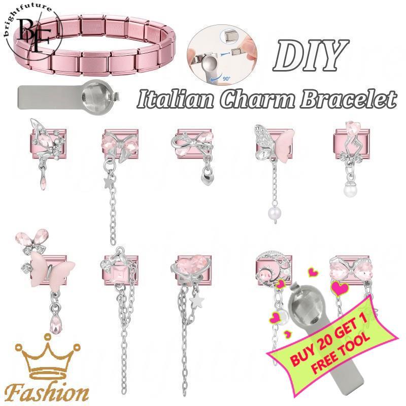 สร้อยข้อมือเพชรสีชมพูผีเสื้อคู่ สไตล์อิตาลี ขนาด 9 มิลลิเมตร ทำจากสแตนเลส สำหรับคนชอบทำเอง ให้ลุคแบบวินเทจ