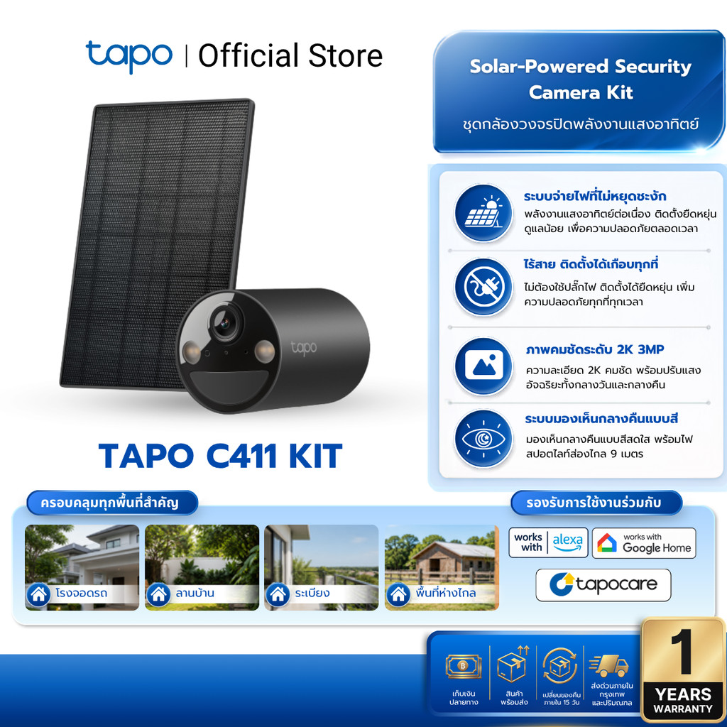 TAPO C411 KIT กล้องวงจรปิด3MP พร้อมโซลาร์เซลล์ Solar-Powered Security Camera Kit