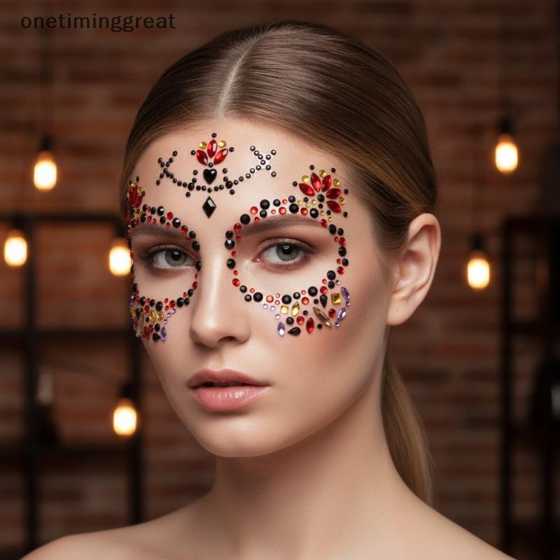 Onetiminggreat ดอกไม้ที่มีสีสัน Skull Rhinestone Face Jewel Stiers Self กาวสําหรับ EDM เทศกาลคอสเพลย