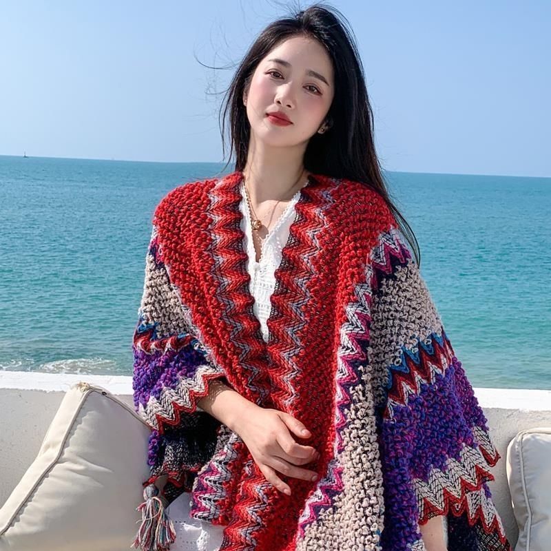 民族风披肩外搭女新款拼色秋冬季时尚云南旅游围巾* 两用斗篷毛毯潮Ethnic Style Xizang Wears Cape Cape, Lhasa Scarf And Qinghai Grassla