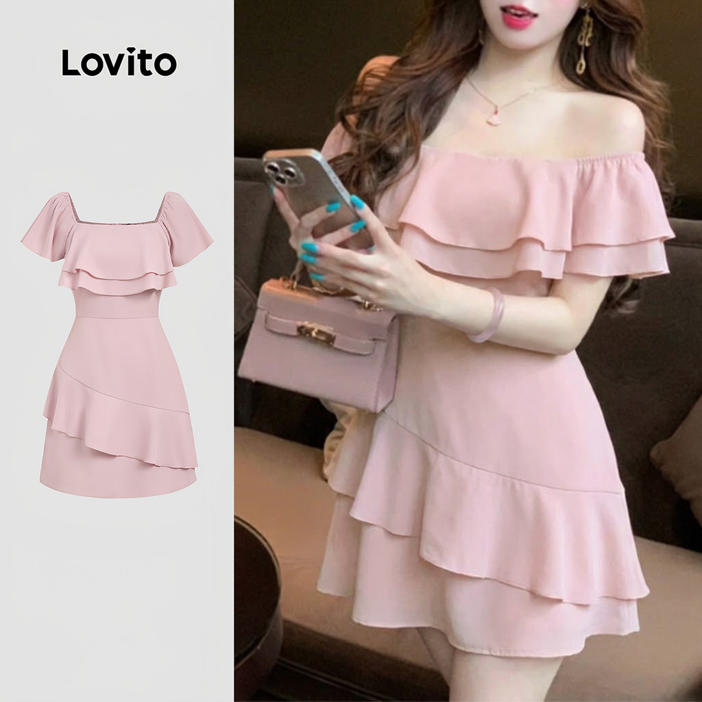 (New Arrival) Lovito ชุดเดรสลําลอง สีชมพู ขอบหยัก สําหรับผู้หญิง เหมาะสําหรับฤดูใบไม้ผลิ/ฤดูร้อน DRB198P1D422