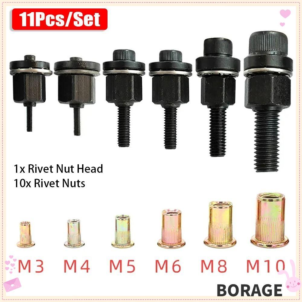 BORAG 11 ชิ้น/เซ็ต Hand Rivet Nut สําหรับ Rivet NUT ไฟฉาย Mandrel Staple คู่มือ Riveter เครื่องมือ,พร้อม Rivet Nuts M3 M4 M5 M6 M8 M10 ไฟฟ้า Riveting อะแดปเตอร์หัว Riveting ชุดเครื่องมือ