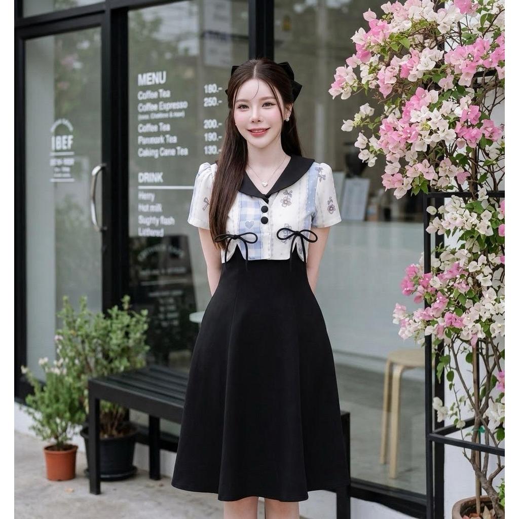 D655 เดรสโบว์หน้า เสื้อกั๊กแต่งด้วยผ้าครั้นชี่ เฉพาะร้าน KB SHOP