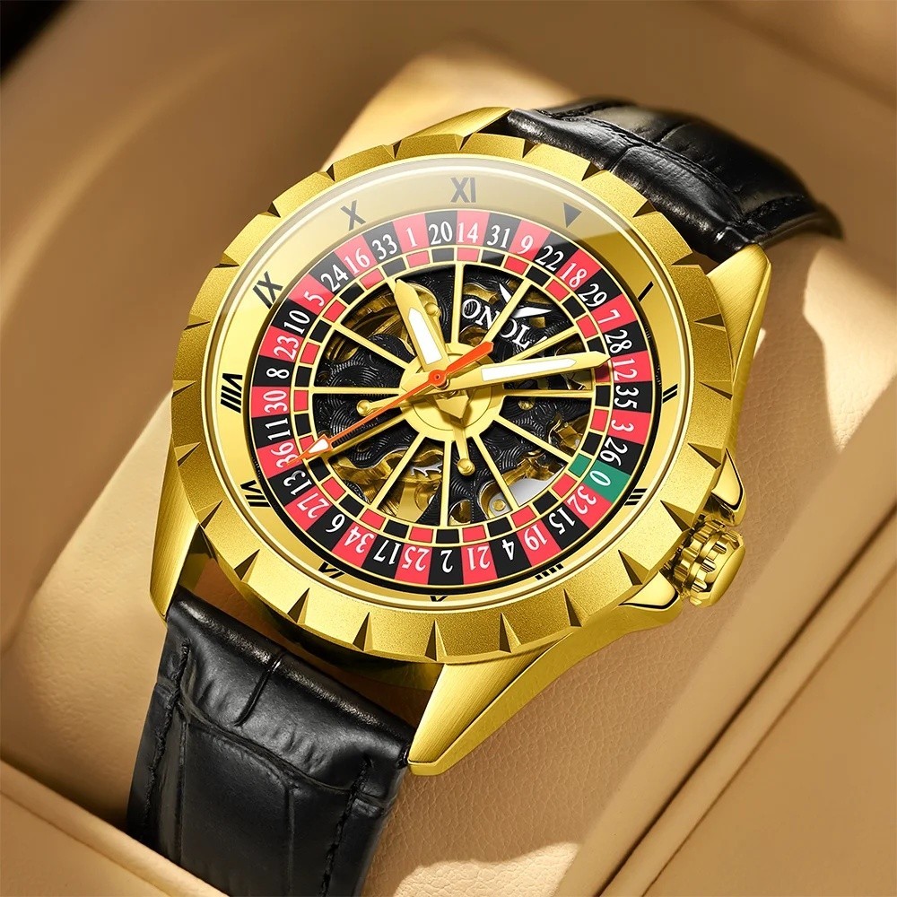 ONOLA 3869 Mens Luxury Skeleton Dial Casino Roulette Mechanical Watch การออกแบบแฟชั่น Leath