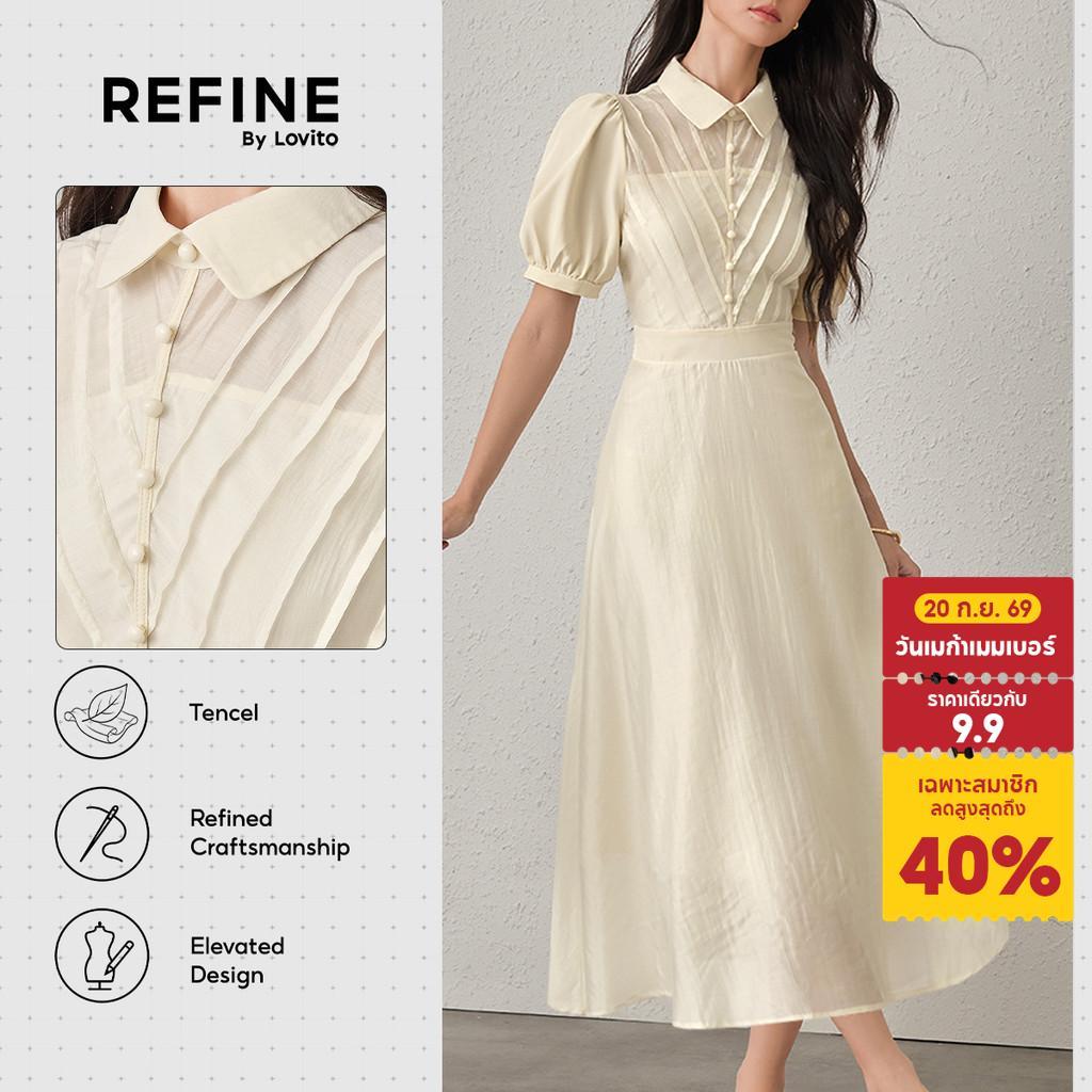 (Refine by Lovito) เดรสทำงาน ผ้าเทนเซล เบา ระบายอากาศ ดึงร่องผ้า มีเส้นสาย สไตล์ไปทำงาน เดรสสีครีม ผู้หญิง ฤดูใบไม้ผลิ-ฤดูร้อน DRR42P1D070