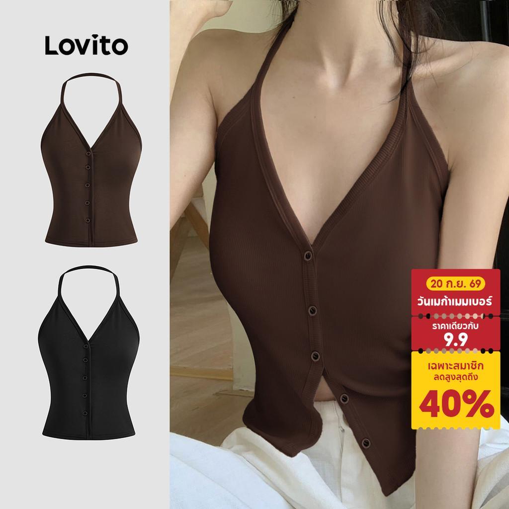 Lovito แคชชวล เสื้อกล้ามกระดุมสีพื้นแบบลําลองสําหรับผู้หญิง L121AD1192