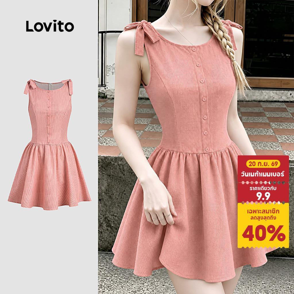 Lovito เดรสผู้หญิงสีชมพูปนนู้ดแต่งโบว์กระดุม สไตล์หรูหราสําหรับฤดูใบไม้ผลิและฤดูร้อน DRK8P2D918