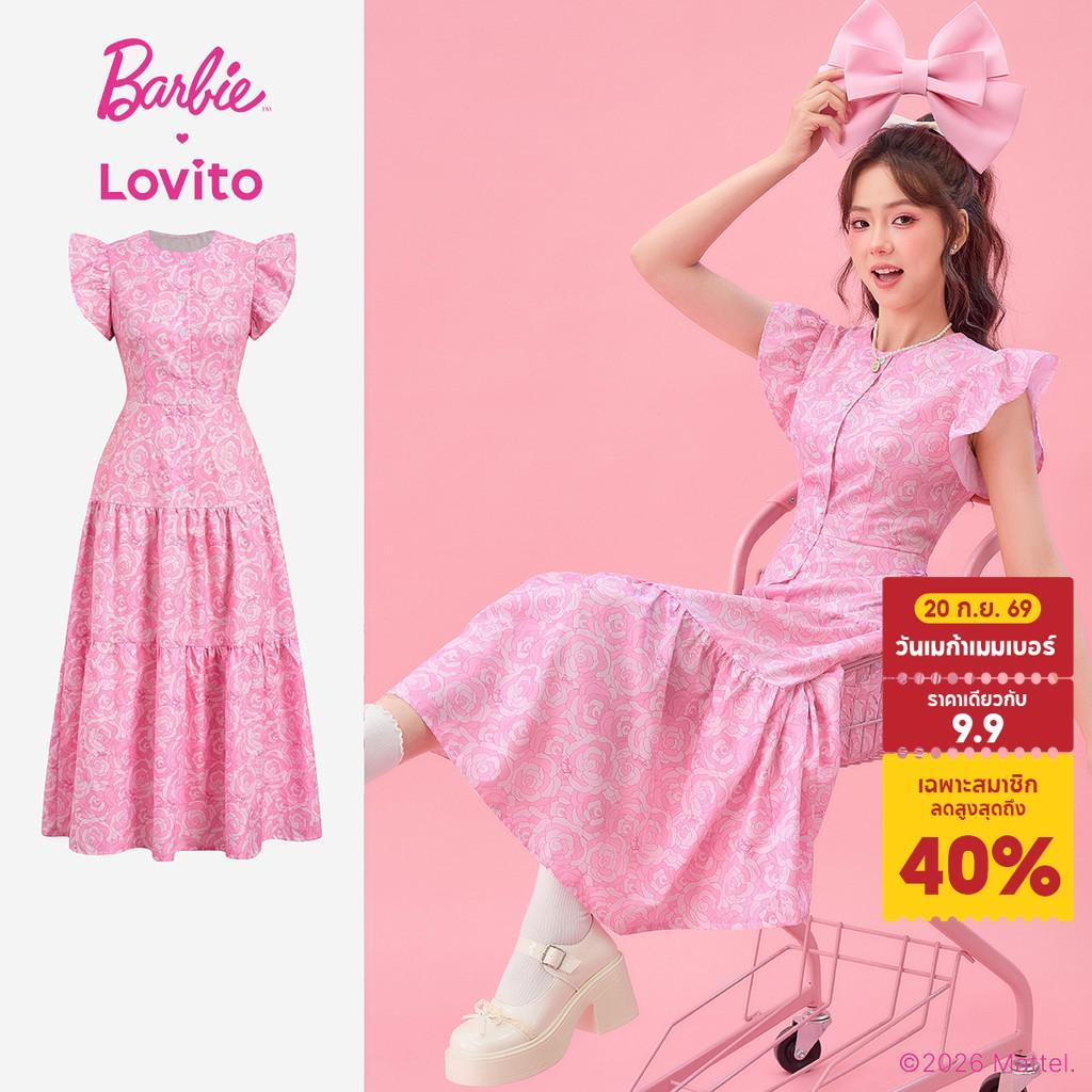 Barbie™ X Lovito สง่างาม แพทเทิร์นชุดเดรสชายกระโปรงแต่งระบายติดกระดุมสําหรับฤดูใบไม้ผลิ/ฤดูร้อนสําหรับผู้หญิง เกาหลี อินเทรนด์ DRBL2PAD027