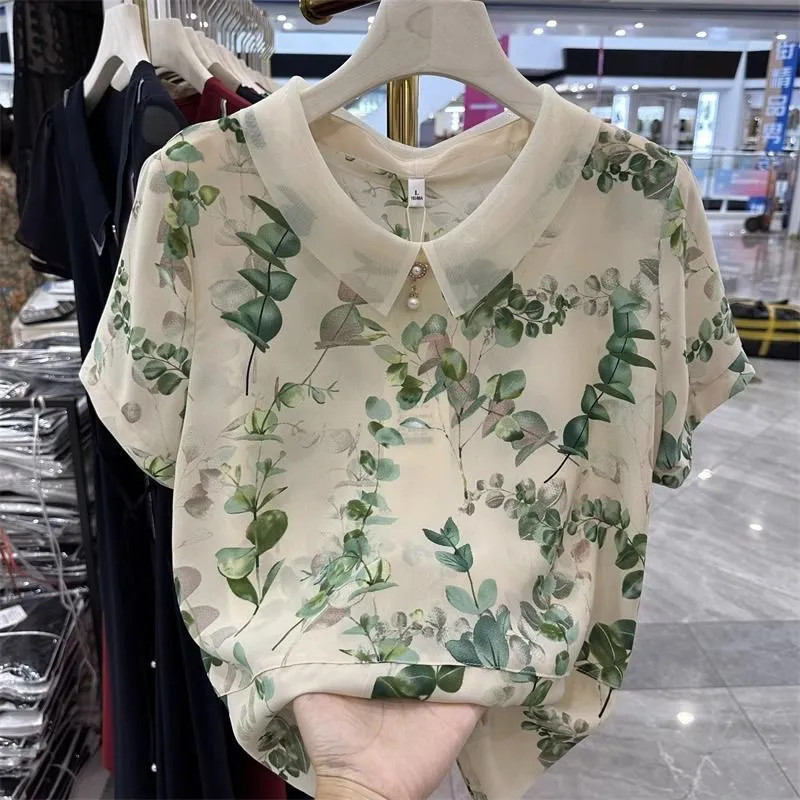 เสื้อชีฟองลายดอกไม้ 2025 ฤดูร้อนแขนสั้นสไตล์ตะวันตกลดอายุหลวมด้านบน