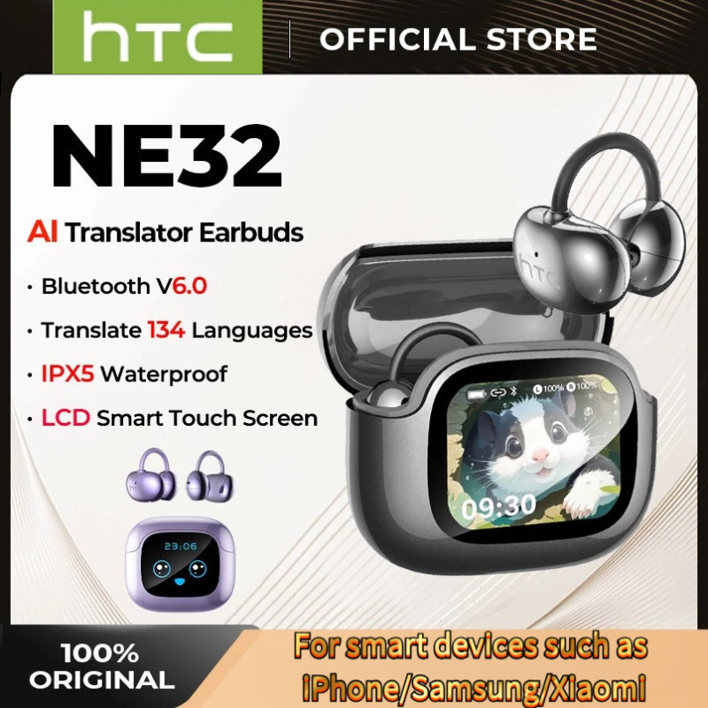 HTC NE32 AI หูฟังการแปลแบบเรียลไทม์ – หน้าจอสัมผัส LCD, บลูทูธ V6.0 OWS Clip-On, การตัดเสียงรบกวน, I