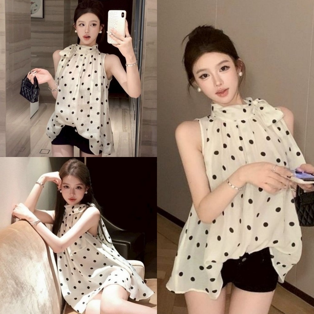 🌟Vivian🌟เสื้อกล้าม ลายตุด ผ้าซีทรู สีครีม เสื้อแขนกุด น่ารักๆ ผ้าทิ้งตัว ใส่สบาย สไตล์ลำลอง แฟชั่น