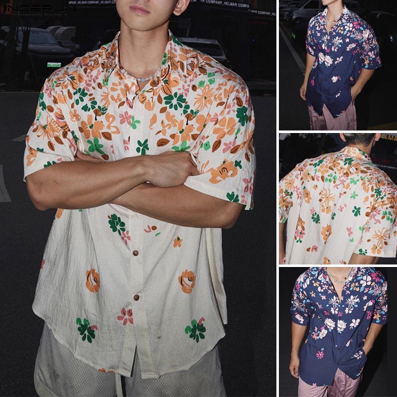 INCERUN ผู้ชายเกาหลีฮาวายสไตล์วันหยุดปกแขนสั้นพิมพ์ลายดอกไม้เสื้อเชิ้ตทรงหลวม ราคา ถูกที่สุด ดีลบีเคเค แกลเลอรีภาพที่ 3