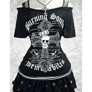 American Womens Letter พิมพ์เอว Cinched เสื้อยืดแขนสั้นฤดูใบไม้ผลิและฤดูร้อน Y2k หนึ่งไหล่ด้านบน