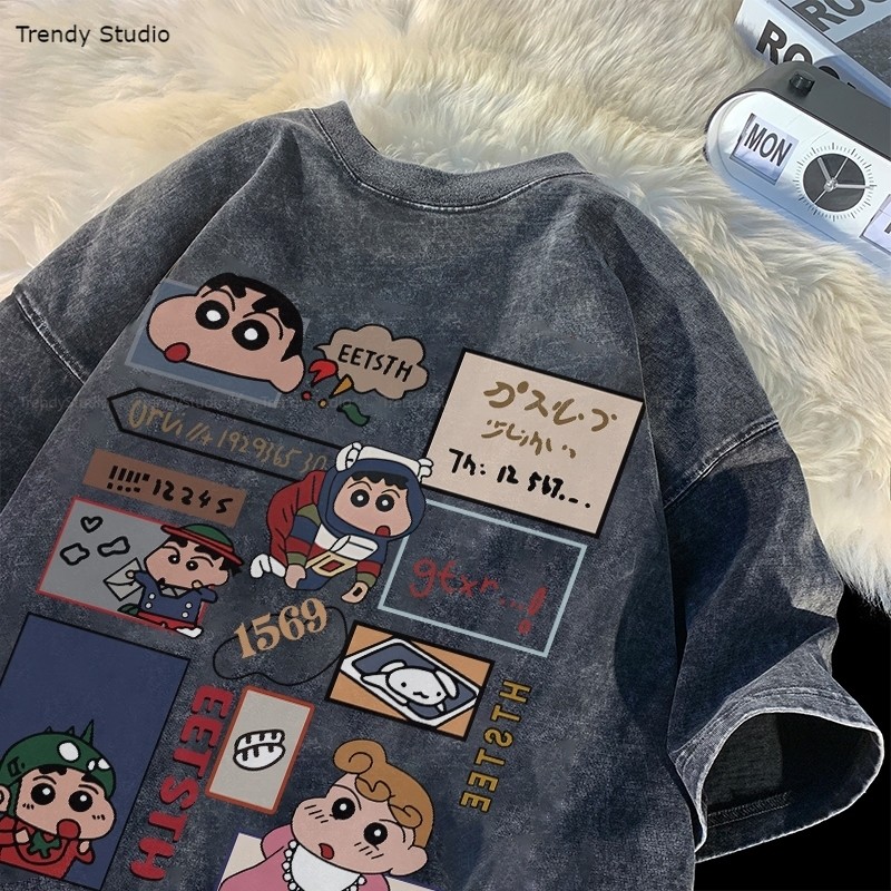 【Ready to ship】เสื้อยืดชินจัง เสื้อฟอก การ์ตูนน่ารักๆ ผ้าคอตตอน100% แฟชั่นหน้าร้อน oversize Washed T-shirt M-XXXL