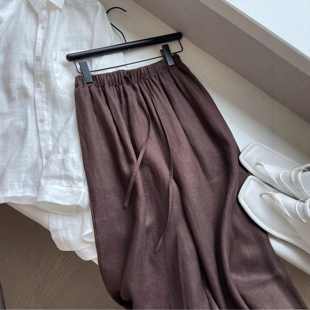 imoveกางเกงผ้าลินิน Tencel สําหรับผู้หญิงสไตล์เกาหลีกางเกงขากว้าง