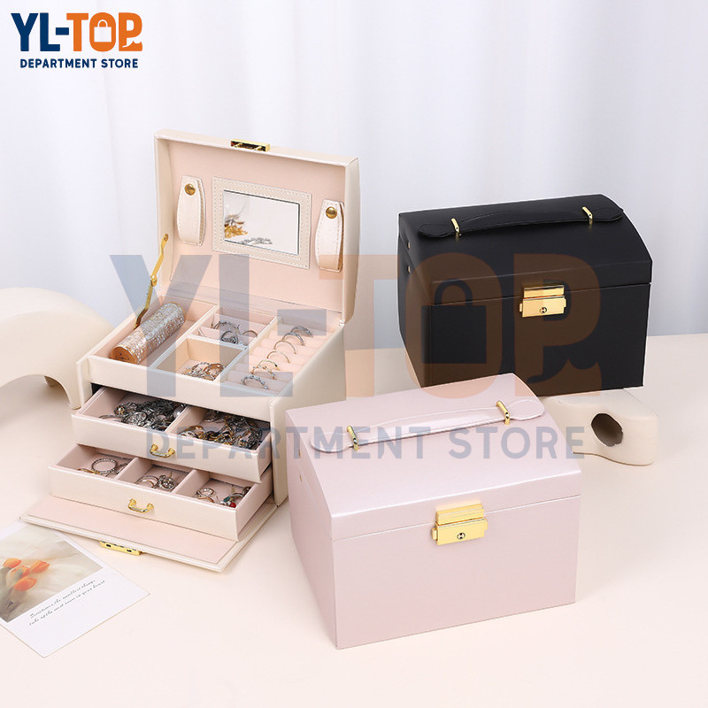 กล่องเก็บเครื่องประดับ 3ชั้น PU (พร้อมส่ง) - พร้อมตัวล็อคกุญแจ ความจุขนาดใหญ่ - กันฝุ่น เก็บต่างหู G3611