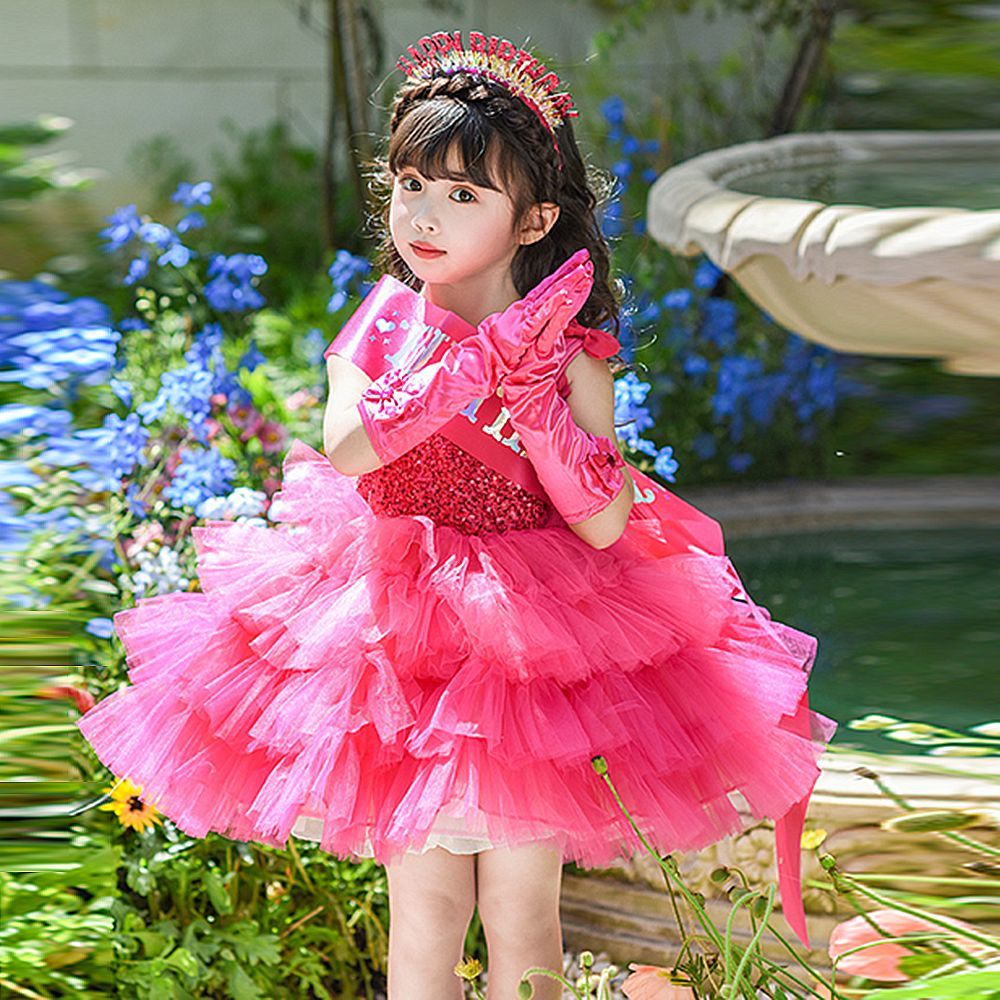 Barbie Girl Princess Dress Dress Summer Rose Red Dress Classy Puff Skirt Performance Dress 10.18 q - รูปที่ 3