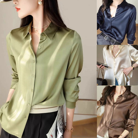Aurae 10 สี เสื้อเชิ้ตแขนยาวผู้หญิง ผ้าซาติน สีพื้น ทรงหลวม สไตล์ฝรั่งเศส เสื้อเชิ้ตระดับไฮเอนด์หรูหราเบาๆ