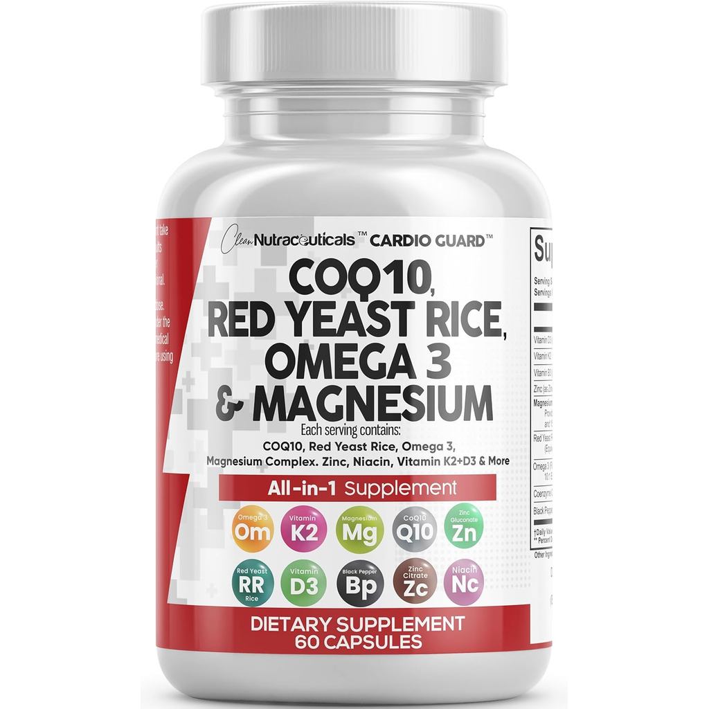 Clean Nutraceuticals COQ10 200mg Red Yeast Rice Omega 3 Magnesium Complex 500mg Niacin Zinc Vitamin 