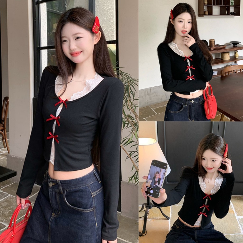 Trendie-เสื้อแขนยาว เข้ารูป แต่งสองชั้น น่ารักๆ ติดโบว์แดง เสื้อไหมพรม สไตล์เกาหลี แฟชั่น ใส่สบาย