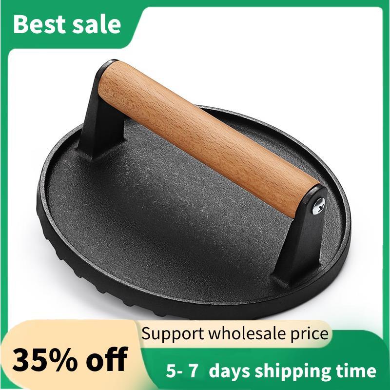 Burger 7 นิ้วเหล็กหล่อกลม Smash Bacon เนื้อสเต็กด้ามไม้สําหรับ Griddle, กระทะนอนสติ๊ก