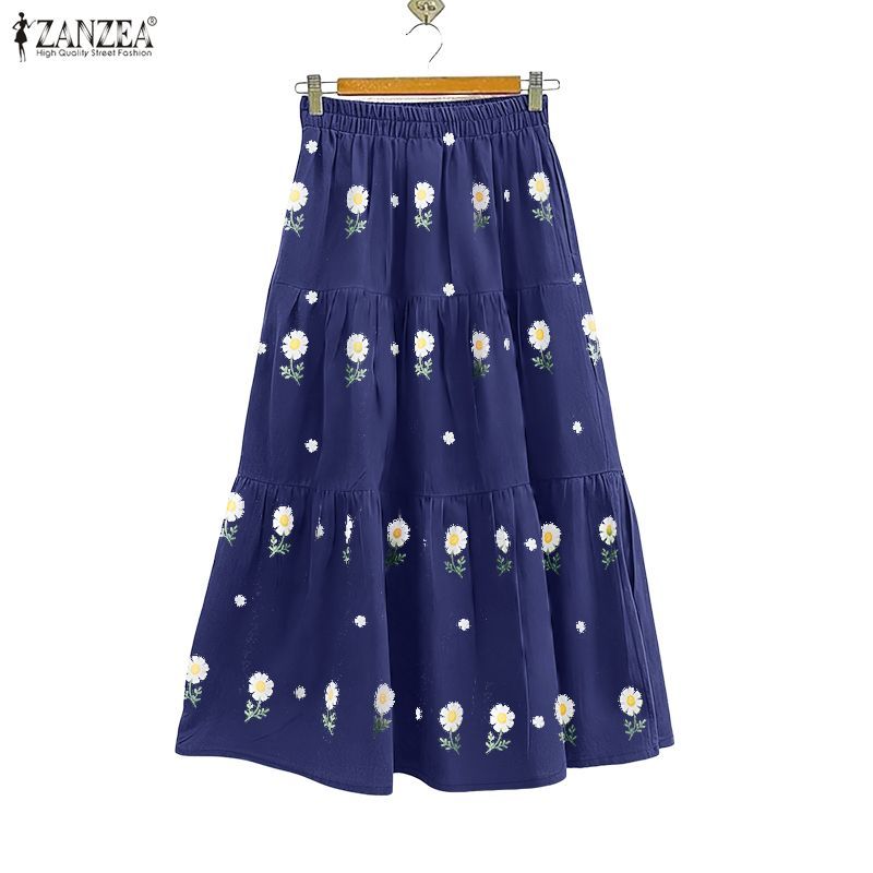 ZANZEA กระโปรงลายดอกไม้ สไตล์เรโทร พิมพ์ pleats สำหรับผู้หญิง ขนาดเอวยางยืด