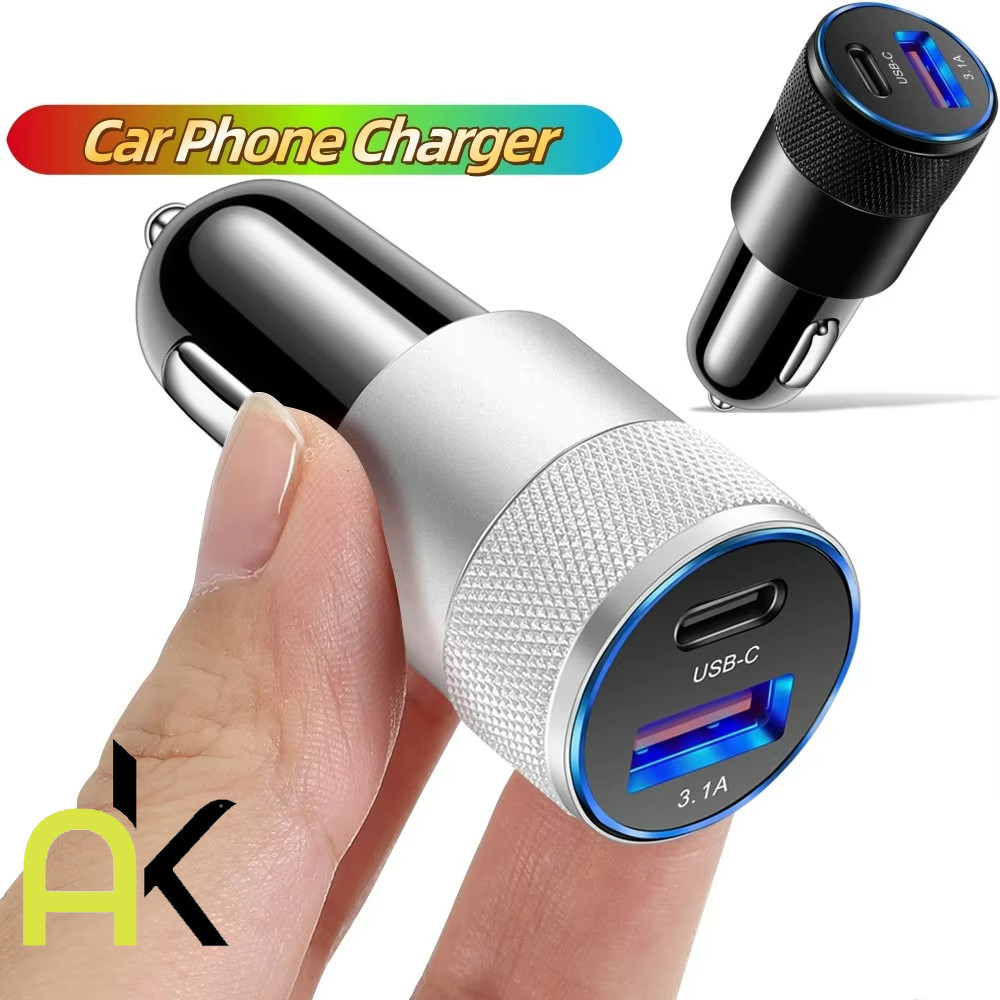 ที่ชาร์จในรถยนต์ USB 3.1A พอร์ตคู่ Type C QC 3.0 ที่ชาร์จโทรศัพท์ในรถยนต์ อุปกรณ์เสริมรถยนต์