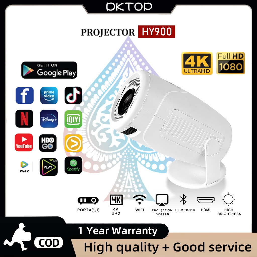 HY900 โปรเจคเตอร์ Android12 Bluetooth 5.0 Wifi 6 โปรเจคเตอร์แบบพกพาใหม่ 4K 180 องศาโปรเจคเตอร์แบบปรับได้
