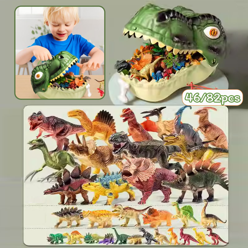 ไดโนเสาร์ของเล่น โมเดลไดโนเสาร์ 46/82pcs ยางนิ่มปลอดภัย กล่องเก็บหัวไดโนเสาร์ ส่งเสริมกาพัฒนาเด็ก