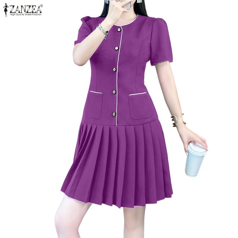 Zanzea ผู้หญิงสไตล์เกาหลี แขนสั้น กระพุ้งชายตัวเสื้อ